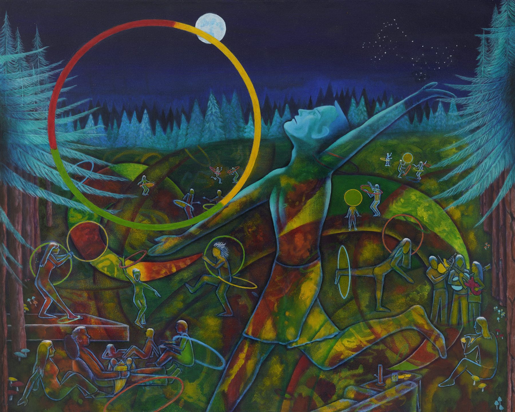 Colorful original painting of hoop dancers gathering in a moonlit forest